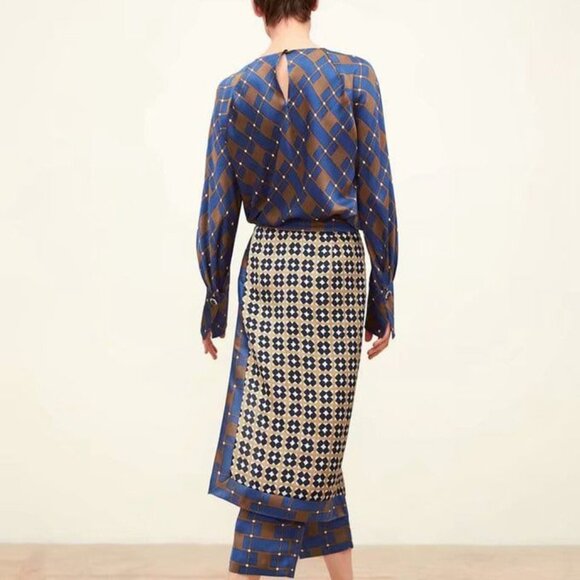 Zara Blue Brown Printed Long Sleeve Keyhole Back Blouse Women's Small S - Picture 3 of 8